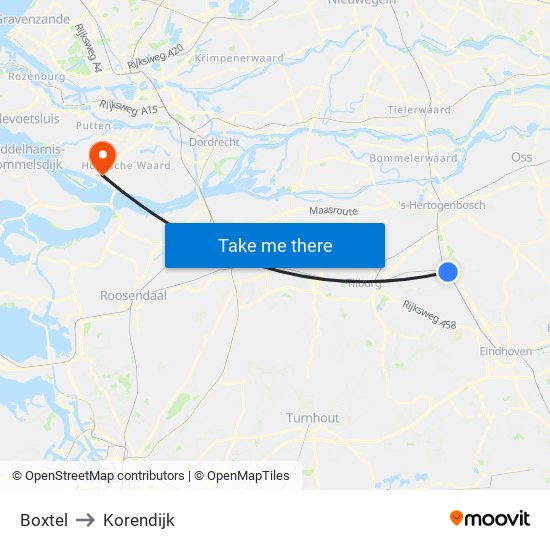 Boxtel to Korendijk map