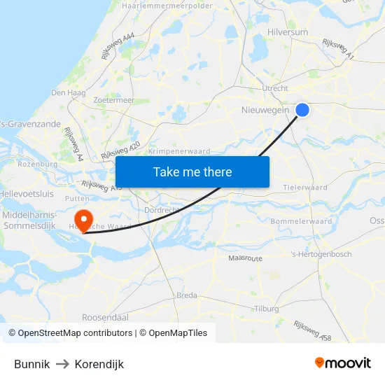 Bunnik to Korendijk map