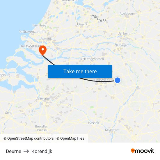 Deurne to Korendijk map