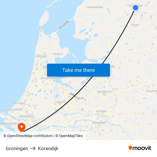 Groningen to Korendijk map