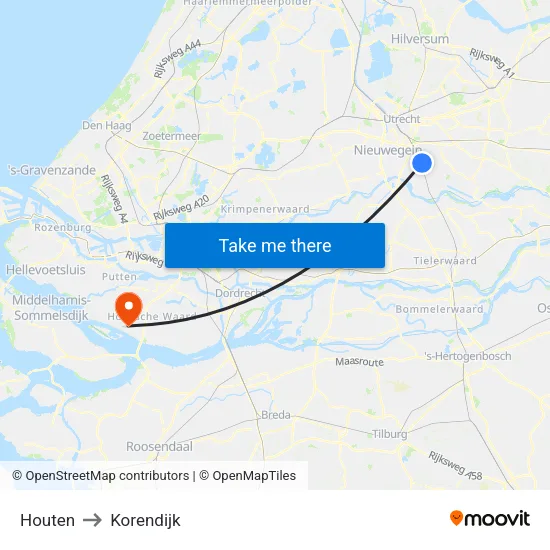 Houten to Korendijk map