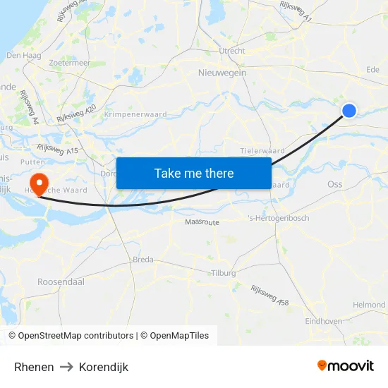 Rhenen to Korendijk map