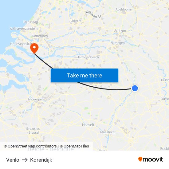 Venlo to Korendijk map