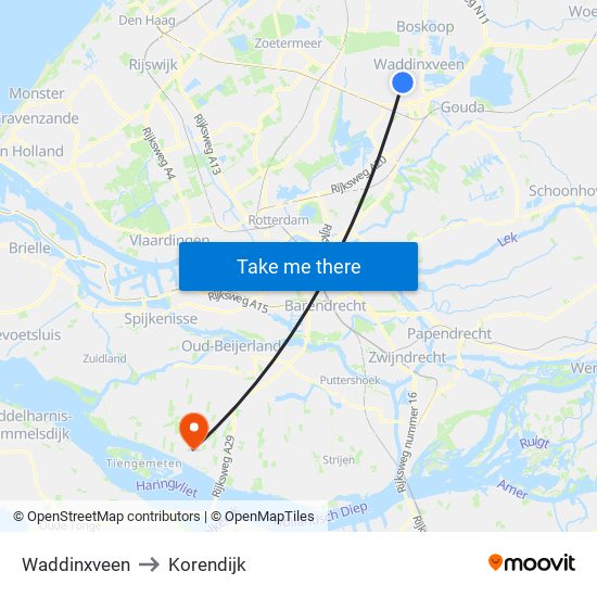 Waddinxveen to Korendijk map