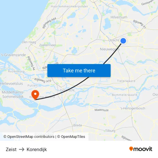 Zeist to Korendijk map