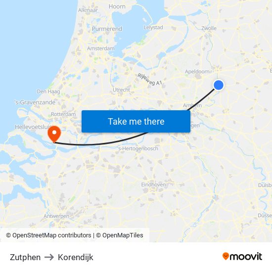 Zutphen to Korendijk map