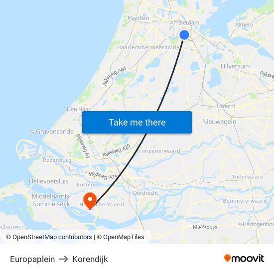 Europaplein to Korendijk map