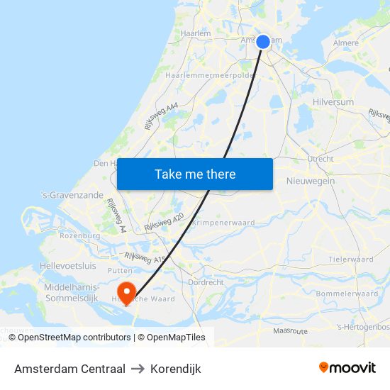 Amsterdam Centraal to Korendijk map