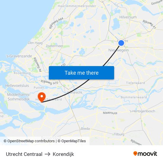 Utrecht Centraal to Korendijk map