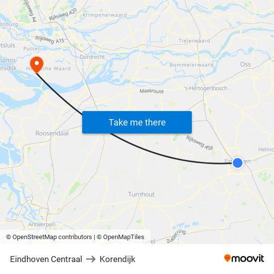 Eindhoven Centraal to Korendijk map