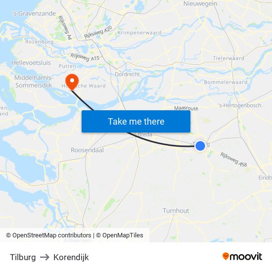 Tilburg to Korendijk map