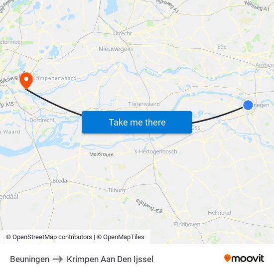 Beuningen to Krimpen Aan Den Ijssel map