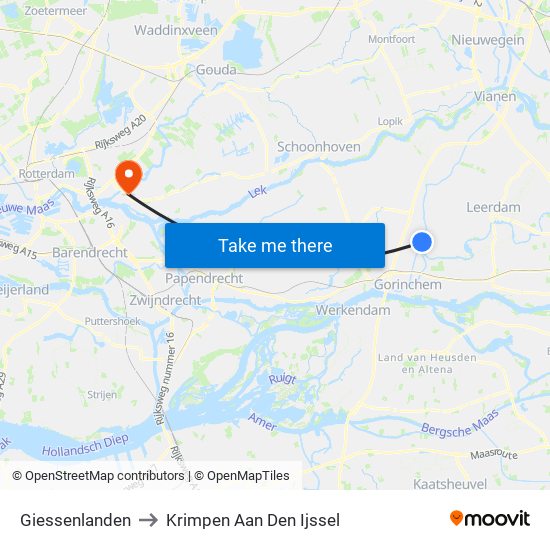 Giessenlanden to Krimpen Aan Den Ijssel map