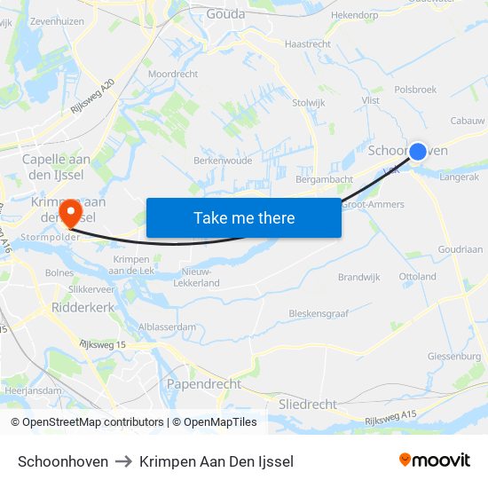 Schoonhoven to Krimpen Aan Den Ijssel map