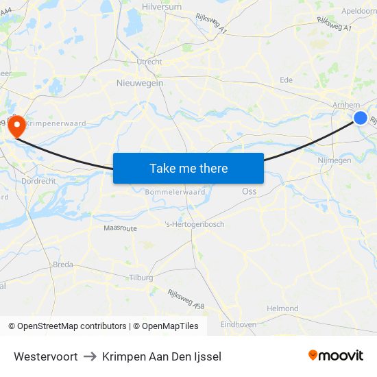 Westervoort to Krimpen Aan Den Ijssel map