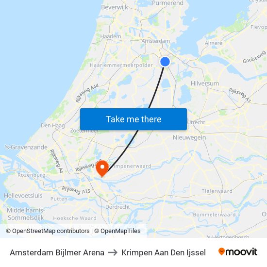 Amsterdam Bijlmer Arena to Krimpen Aan Den Ijssel map