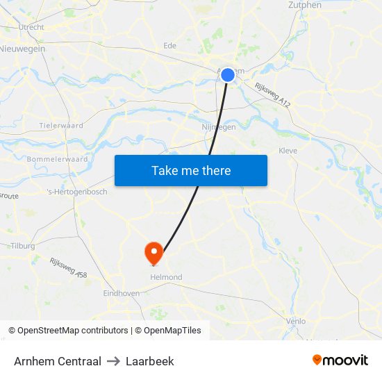 Arnhem Centraal to Laarbeek map