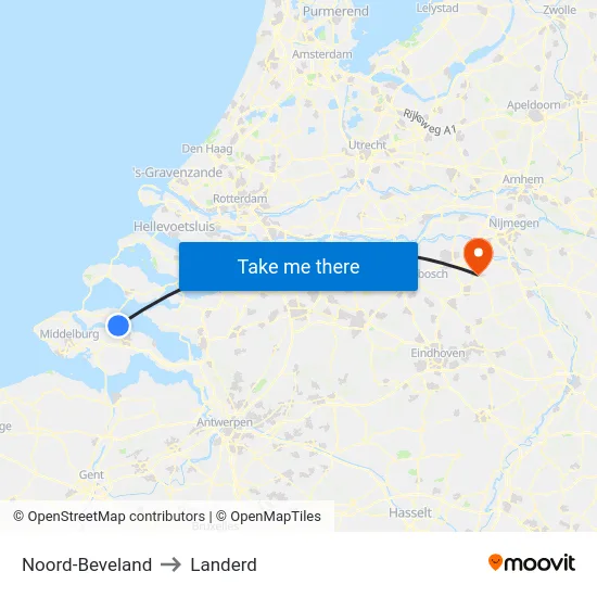 Noord-Beveland to Landerd map