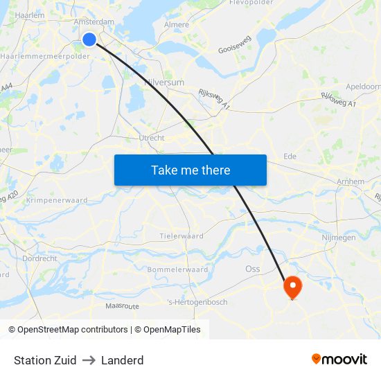 Station Zuid to Landerd map