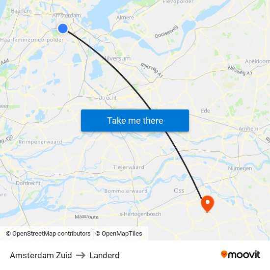 Amsterdam Zuid to Landerd map