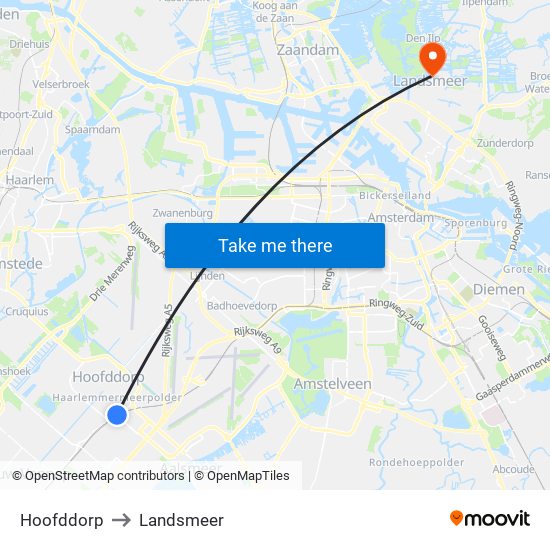 Hoofddorp to Landsmeer map