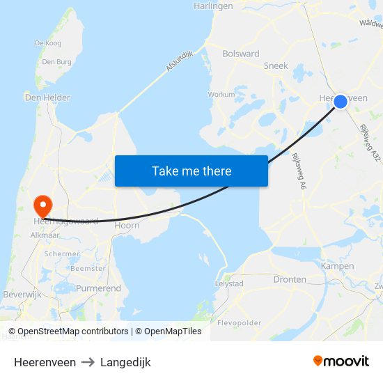 Heerenveen to Langedijk map