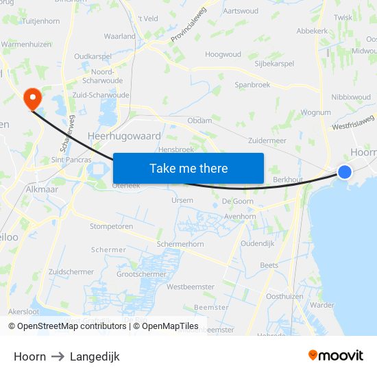 Hoorn to Langedijk map