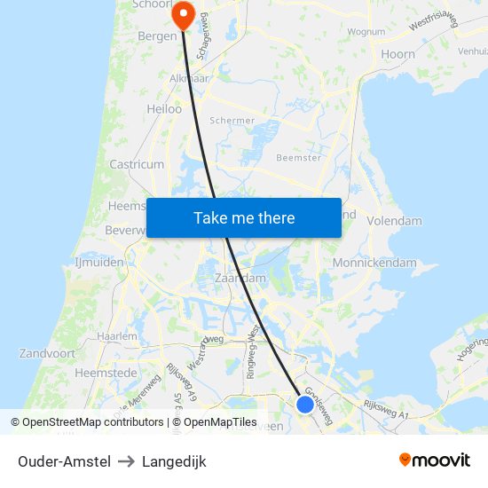 Ouder-Amstel to Langedijk map
