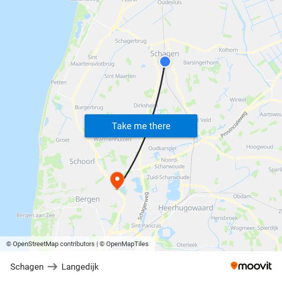Schagen to Langedijk map