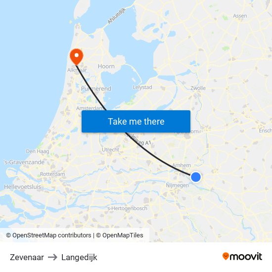 Zevenaar to Langedijk map