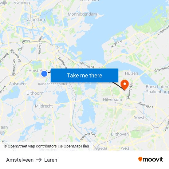 Amstelveen to Laren map