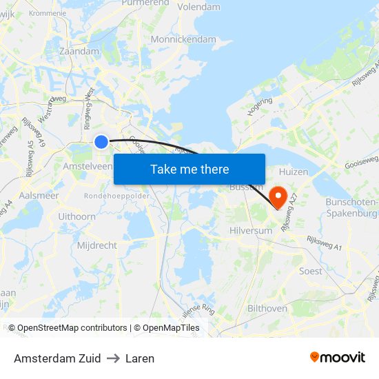 Amsterdam Zuid to Laren map