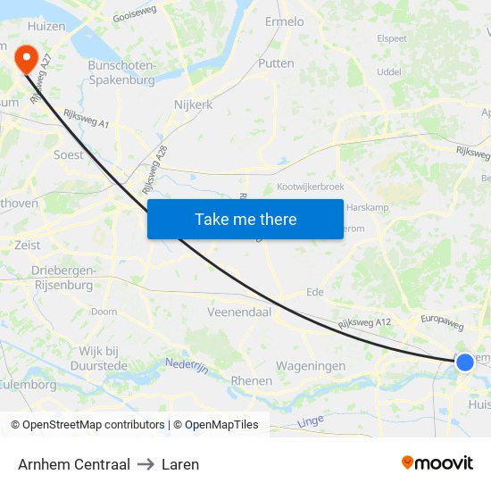 Arnhem Centraal to Laren map