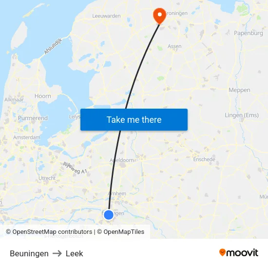 Beuningen to Leek map