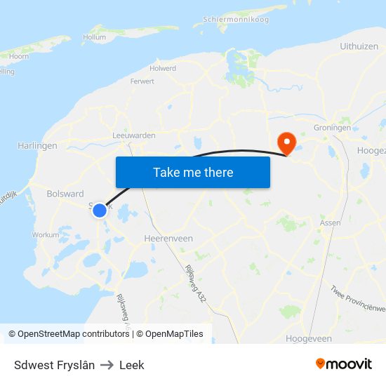 Sdwest Fryslân to Leek map