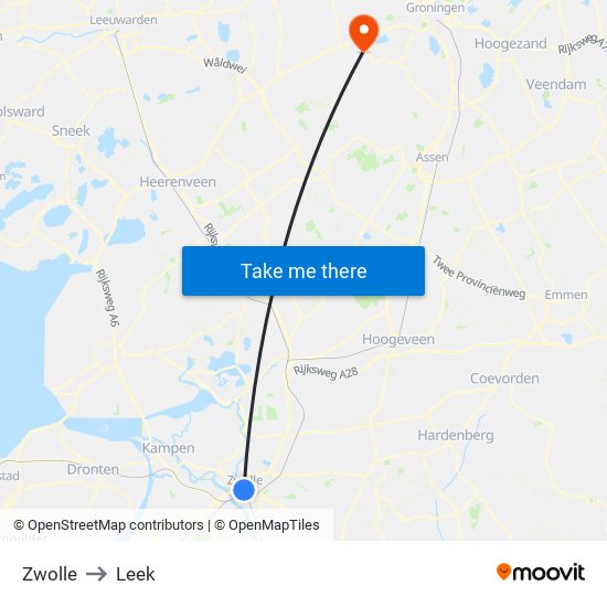 Zwolle to Leek map
