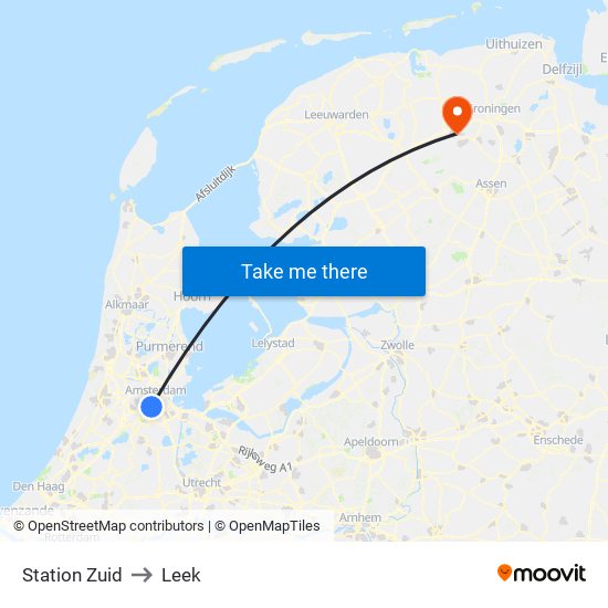 Station Zuid to Leek map