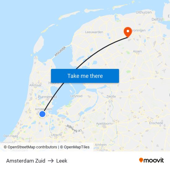 Amsterdam Zuid to Leek map