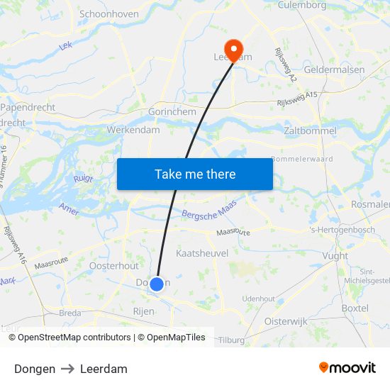 Dongen to Leerdam map