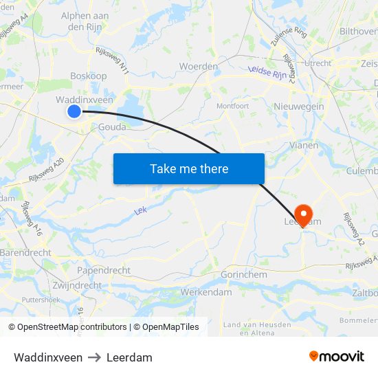 Waddinxveen to Leerdam map