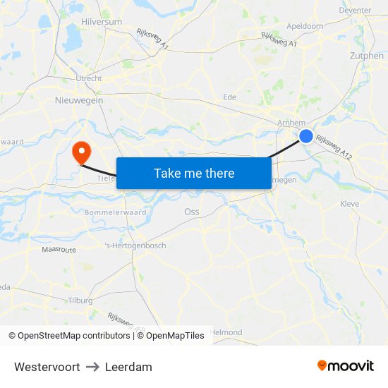 Westervoort to Leerdam map