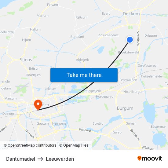 Dantumadiel to Leeuwarden map