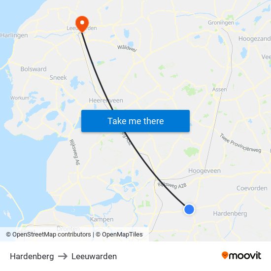 Hardenberg to Leeuwarden map