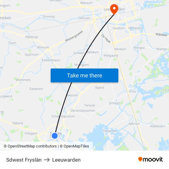 Sdwest Fryslân to Leeuwarden map