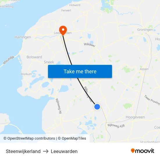 Steenwijkerland to Leeuwarden map