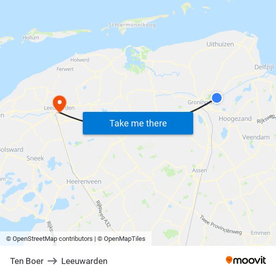 Ten Boer to Leeuwarden map