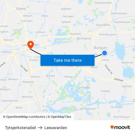 Tytsjerksteradiel to Leeuwarden map