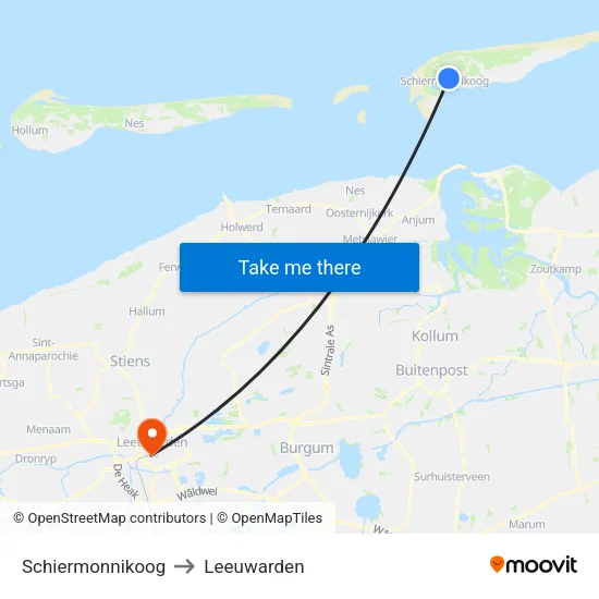 Schiermonnikoog to Leeuwarden map