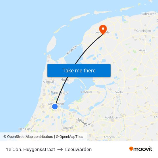 1e Con. Huygensstraat to Leeuwarden map