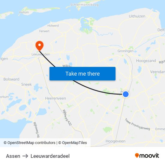 Assen to Leeuwarderadeel map